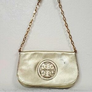 Tory Burch Gold Leather Logo Crossbody Clutch Bag Purse
